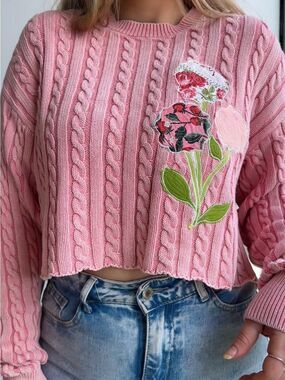 Upcycled Hand Crafted Pink Cable-Knit Cropped Sweater with Floral Appliqué